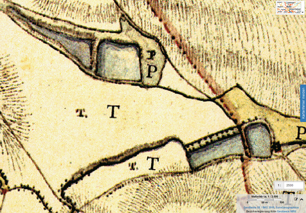 Abbildung 2: Fisch- und Mühlenteiche zwischen Glessen und Sinthern. Ausschnitt aus der Tranchot-Karte von 1807/08, Blatt 71 Lövenich : fotomechanischer Nachdruck (2019)