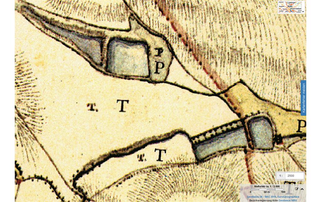 Abbildung 2: Fisch- und Mühlenteiche zwischen Glessen und Sinthern. Ausschnitt aus der Tranchot-Karte von 1807/08, Blatt 71 Lövenich : fotomechanischer Nachdruck (2019)
