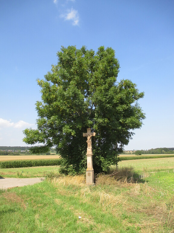 Dieses Wegekreuz aus Sandstein befindet sich unter einem Baum zwischen Embken und Ginnick. (2015)