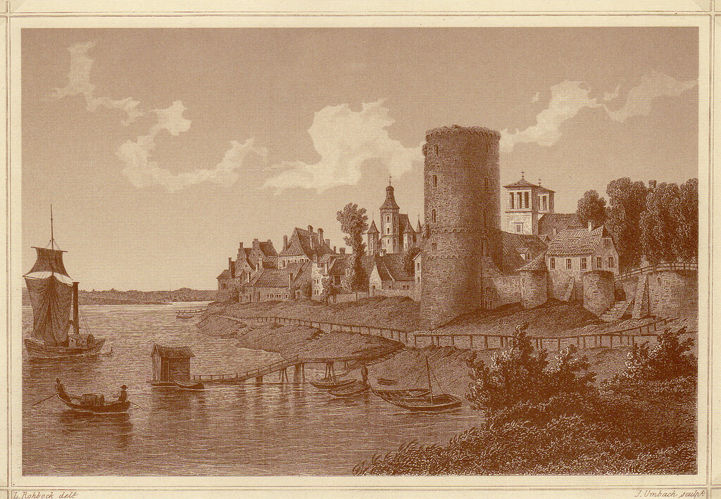 Rees. Rheinansicht mit Mühlenturm. Stich von L. Rohbock, etwa 1850