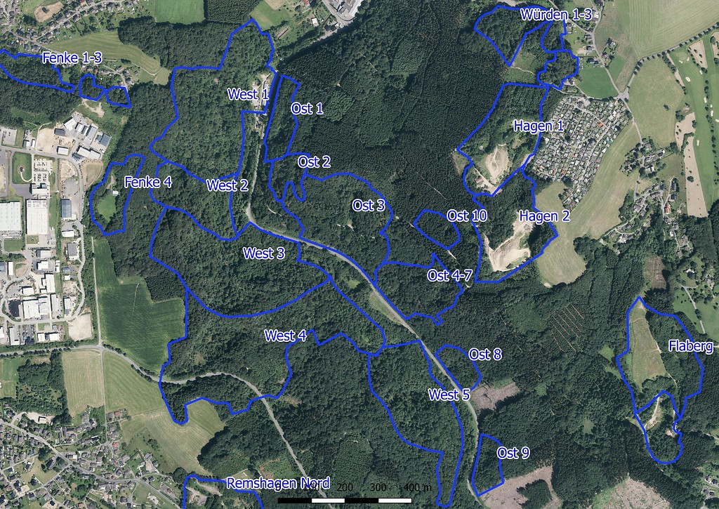 Lage der Grauwackesteinbrüche im Felsenthal (Leppe). (Bearbeitung: J. Kling, Kartengrundlage: Geobasisdaten NRW (2018))