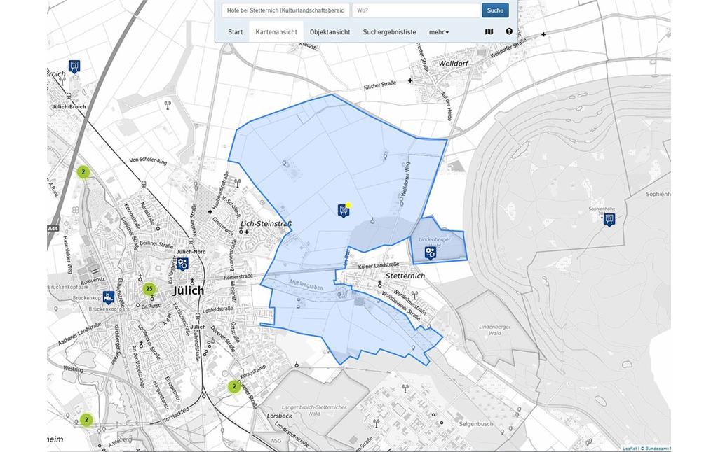 Screenshot von der alten Geometrie des historischen Kulturlandschaftsbereiches Höfe bei Stetternich (KLB Regionalplan Köln 056)