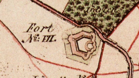 Fort VII im heutigen Inneren Kölner Grüngürtel auf einer historischen Karte (Preußische Uraufnahme von 1845)