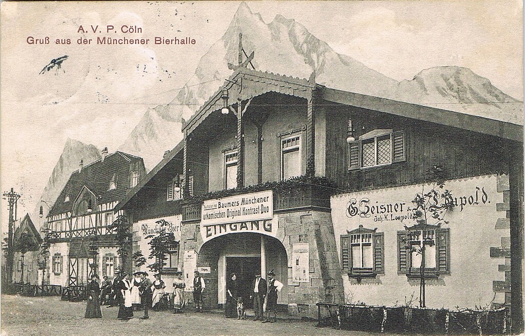 Mit "A.V.P. Cöln, Gruß aus der Münchener Bierhalle" bezeichnete historische Postkarte aus dem Amerikanischen Vergnügungspark im Köln-Riehler Vergnügungsviertel "Goldene Ecke" (zwischen 1909 und 1918).