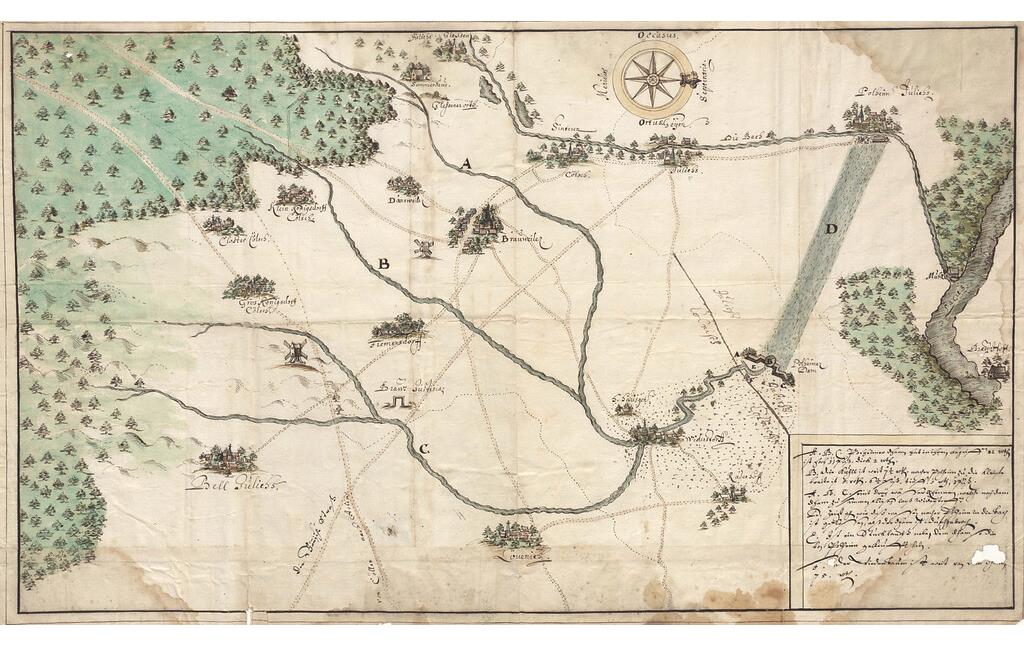 Karte der Wasserläufe und Straßen..insbes. den Pulheimer Damm bei Widdersdorf ind die Bach von Geyen nach Pulheim (um 1720)