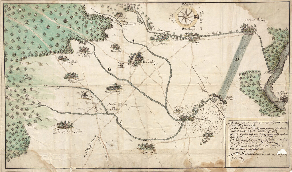 Karte der Wasserläufe und Straßen..insbes. den Pulheimer Damm bei Widdersdorf ind die Bach von Geyen nach Pulheim (um 1720)