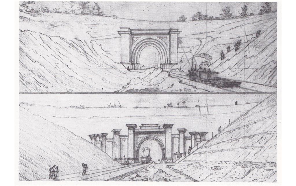 Der Königsdorfer Tunnel mit den West- und Ostportalen. Bleistiftzeichnung von J.P.Weyer (1841)