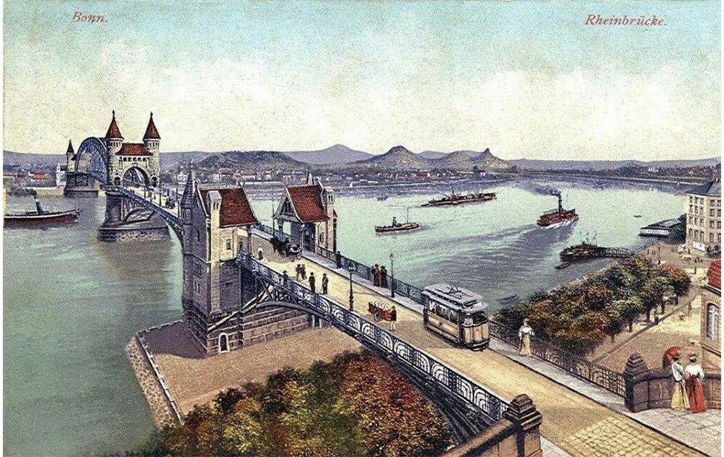 Die undatierte Farbpostkarte "Bonn. Rheinbrücke" zeigt die Alte Rheinbrücke vom Bonner Flussufer aus, im Hintergrund ist das Siebengebirge zu sehen.