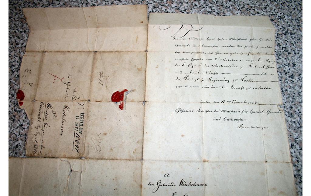 Die staatliche Erlaubnis zum Aufstau des Wassers für die neu erbaute Mühle, 11. November 1824