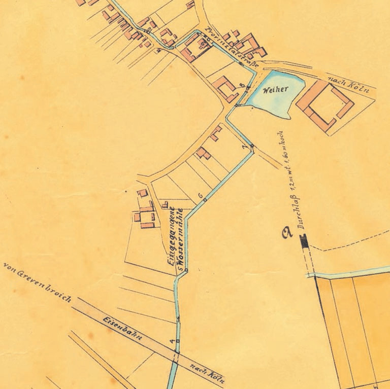 Abbildung 3: Mühlenstandort und Kartäuserweiher. Kartenausschnitt aus dem Lage- und Höhen-Plan des Pulheimer Baches von der Brandbrücke bis zur Pletschmühle 1922 (2007)