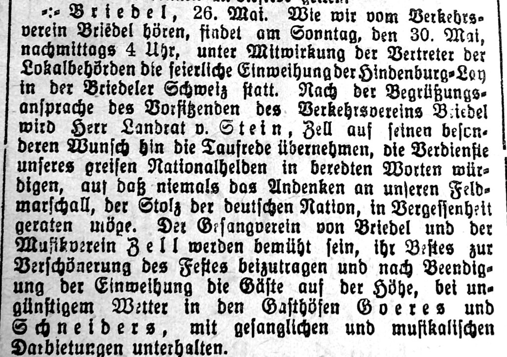 Zeitungsausschnitt vom 26. Mai 1926 zur Einweihung der Hindenburglay in Briedel