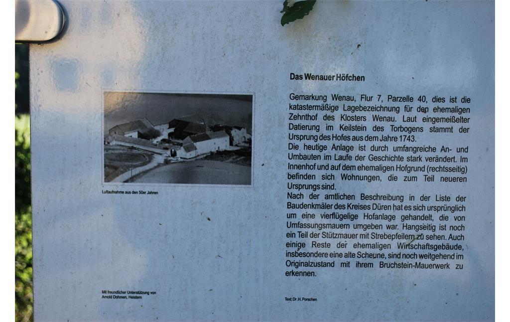 Infotafel zur Geschichte des Wenauer Höfchens (2015)