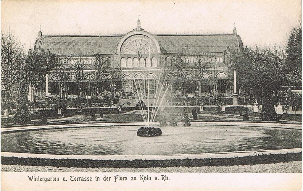Undatierte historische Postkarte: "Wintergarten u. Terrasse in der Flora zu Köln a. Rh."