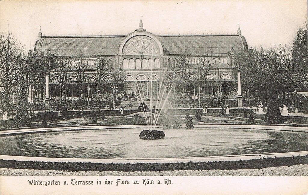 Undatierte historische Postkarte: "Wintergarten u. Terrasse in der Flora zu Köln a. Rh."