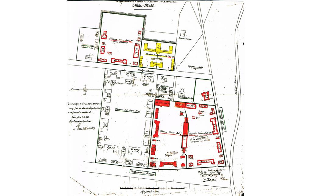 Historischer Lageplan (1927) der Kasernenanlage Boltensternstraße in Köln-Riehl.