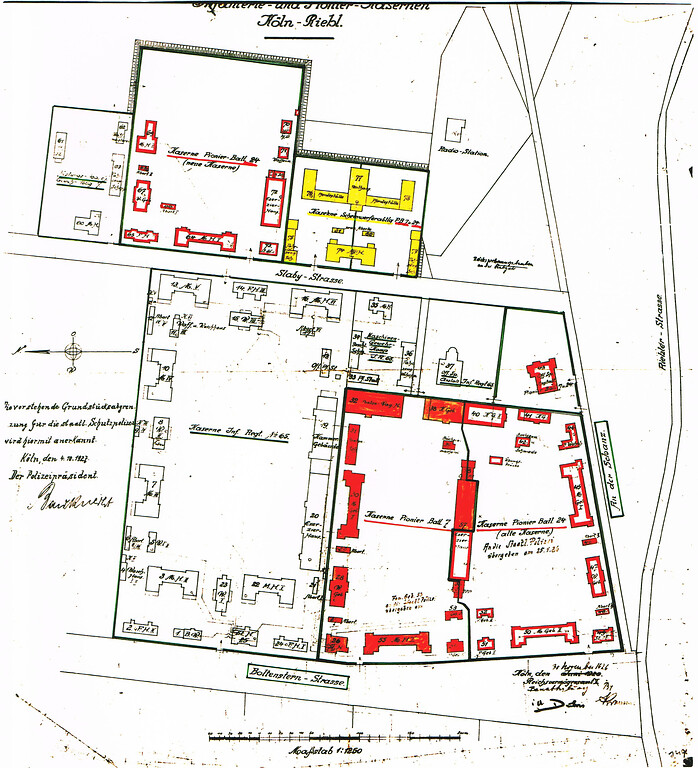 Historischer Lageplan (1927) der Kasernenanlage Boltensternstraße in Köln-Riehl.