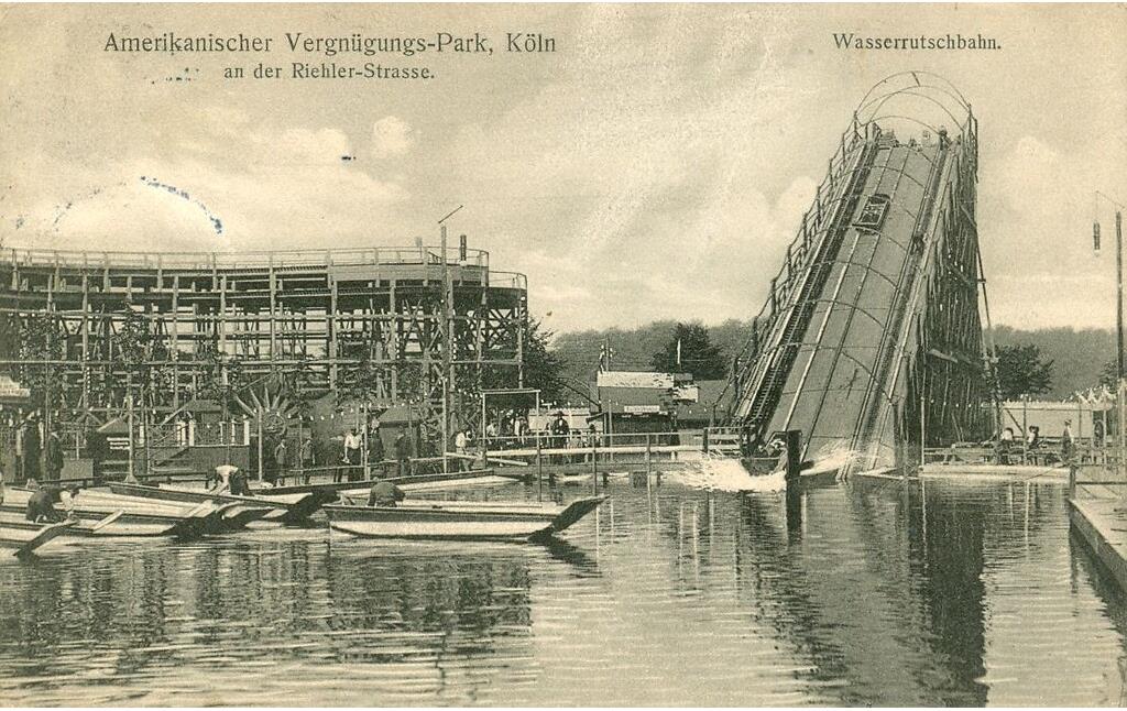 Historische Postkarte (vor 1918): "Amerikanischer Vergnügungspark, Köln an der Riehler Straße.", rechts im Bild separat ausgewiesen ist die "Wasserrutschbahn."