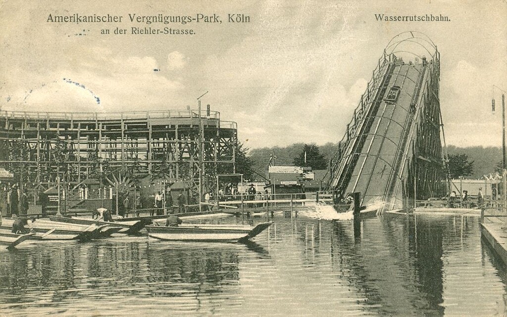 Historische Postkarte (vor 1918): "Amerikanischer Vergnügungspark, Köln an der Riehler Straße.", rechts im Bild separat ausgewiesen ist die "Wasserrutschbahn."