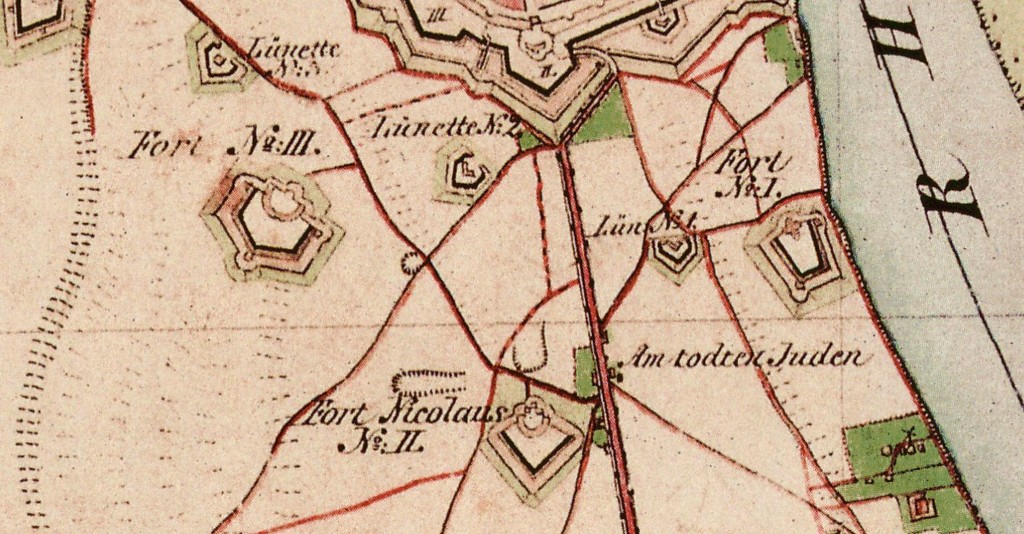 Kartenausschnitt der Preußischen Uraufnahme von 1845 mit den Forts I, II und III und den Bezirk "Am todten Juden" im heutigen Inneren Kölner Grüngürtel.