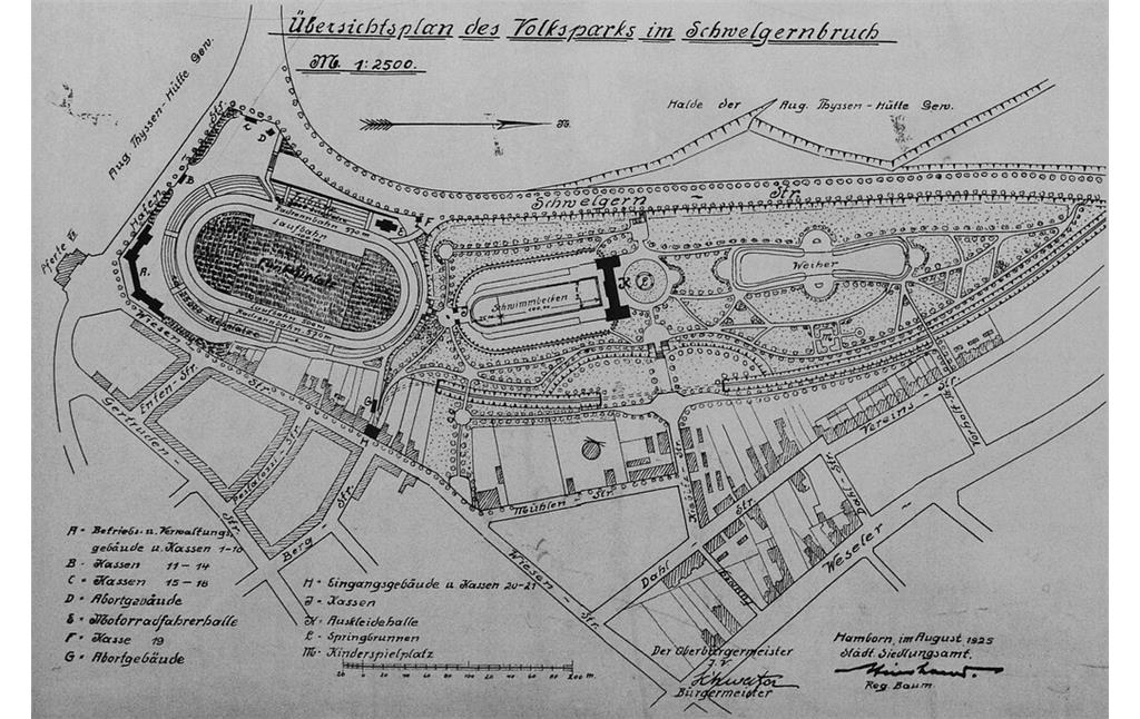 Historischer "Übersichtsplan des Volksparks im Schwelgernbruch" von 1925, u. a. mit dem Schwelgernstadion samt Rad- und Motorradrennbahn und den angrenzenden Parkanlagen im heutigen Duisburg-Hamborn.