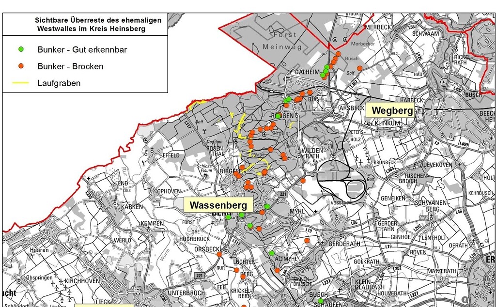 Karte der Westwallstrukturen bezogen auf die Laufgräben im Kreis Heinsberg