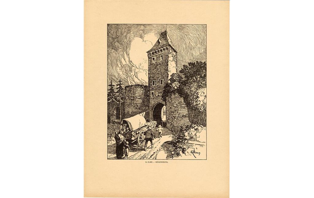 Heimatbilder "Rheinische Stadttore", Federzeichnungen von Gustav Olms, Text von Rudolf Herzog, erschienen 1921. Hier: "Die Kirche in Graach a. d. Mosel"