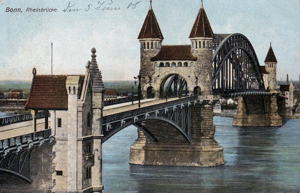 Farbpostkarte "Bonn, Rheinbrücke" mit Blick in Richtung Beuel und handschriftlich ergänzter Datierung "den 5. Juni 08".
