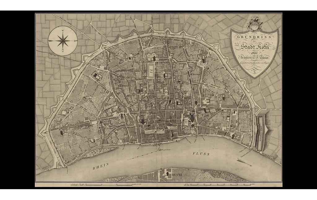 Karte mit dem Grundriss der Stadt Köln aus dem Jahre 1815. Gut zu erkennen ist die innere Umwallung der Stadt, der heutige Innere Grüngürtel.