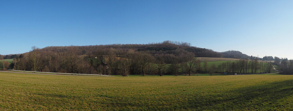 Blick von der L 426 nach Osten über den Flandersbach auf die bewaldete Halde Scheidt. Der Bruch Rhodenhaus liegt dahinter (2021).