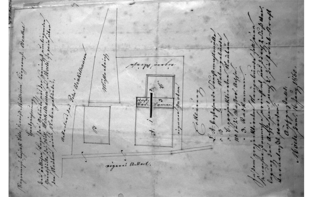 Grundriss (Handzeichnung) der Gebäude, die zur Meutemühle gehören. Er zeigt auch die Lage der Radkammer (3.) und der Mühlradachse, 16. Juni 1860