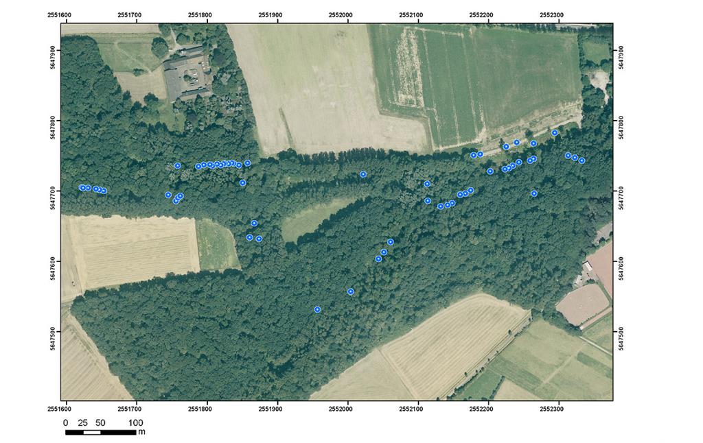 Abbildung 7: Mit GPS erfasste Quellen (blau markiert) im Naturschutzgebiet Liebesallee (2010/2011)