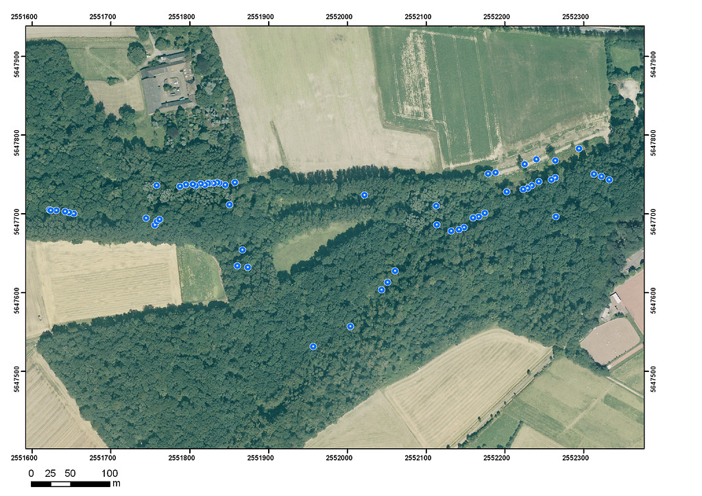 Abbildung 7: Mit GPS erfasste Quellen (blau markiert) im Naturschutzgebiet Liebesallee (2010/2011)