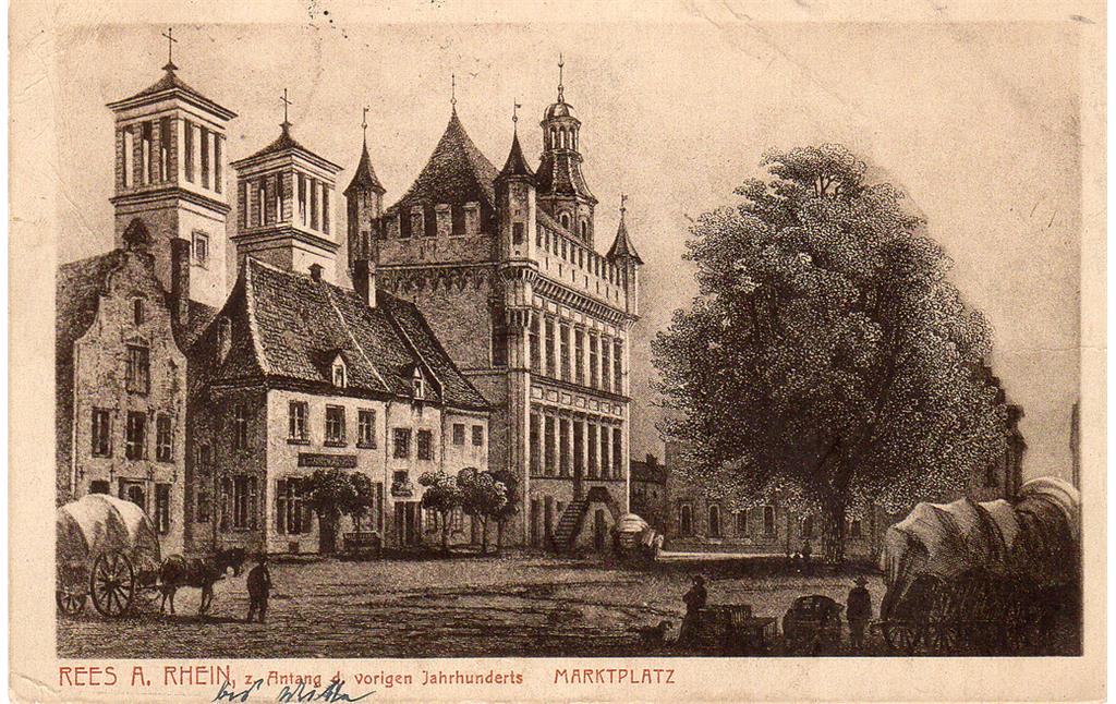 Rees, Marktplatz, Altes Rathaus und Kirche St. Maria Himmelfahrt (Anfang 19. Jh.)
