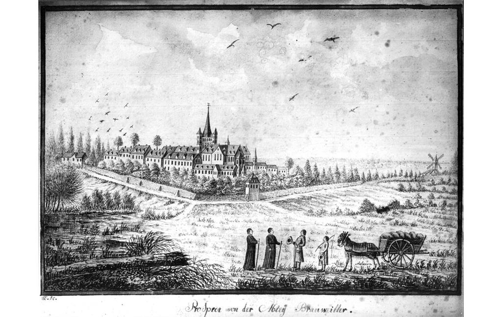Abtei Brauweiler mit Mühle (rechts), Tuschzeichnung von Josef-Michael Laporterie, 1795