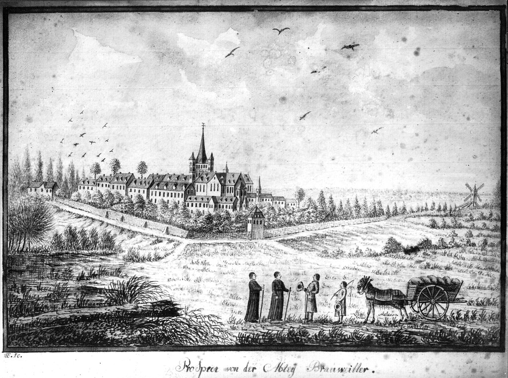 Abtei Brauweiler mit Mühle (rechts), Tuschzeichnung von Josef-Michael Laporterie, 1795