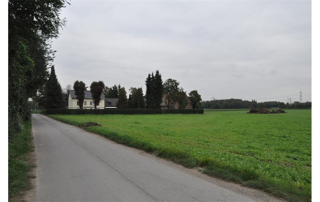 Der Falkenluster Hof mit Hausbäumen und Hofhecke inmitten landwirtschaftlicher Nutzfläche (2014)