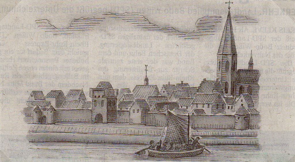 Rees. Die Waterporte (ganz links) um 1650. Zeichnung von Michael Hoffmann nach einem Stich aus dem Jahr 1650