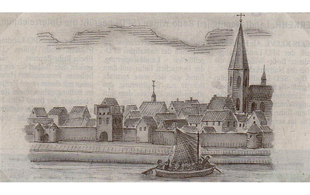 Rees. Die Waterporte (ganz links) um 1650. Zeichnung von Michael Hoffmann nach einem Stich aus dem Jahr 1650