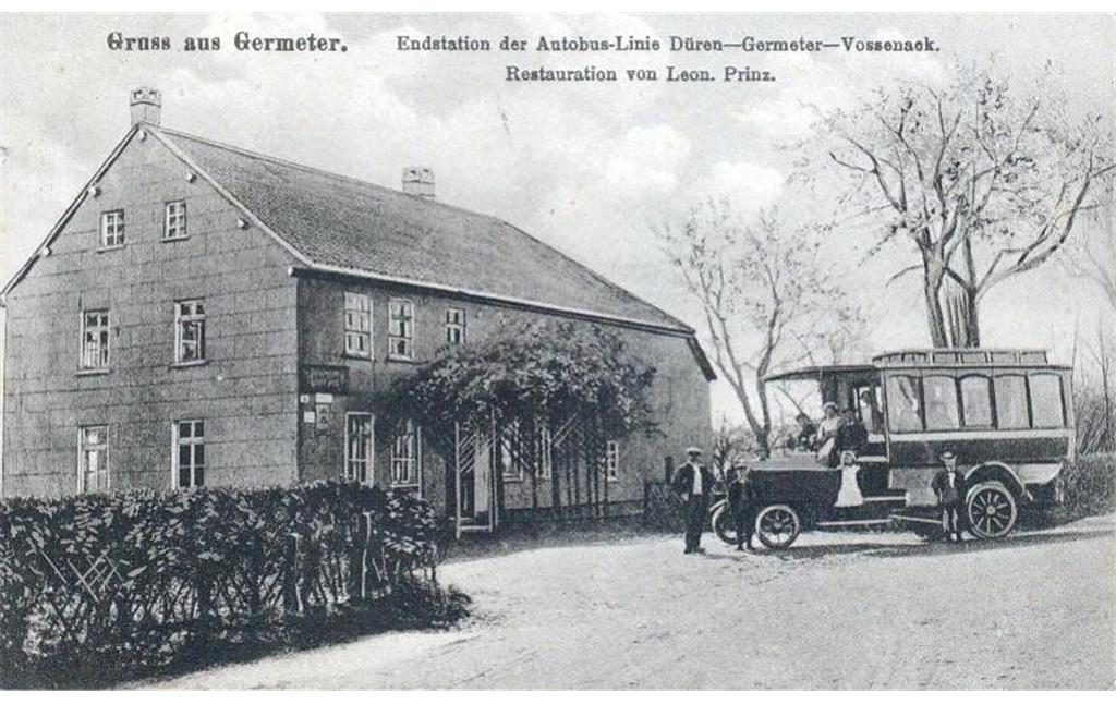 Gasthaus Prinz, Endstation der Buslinie Düren - Germeter, um 1912, Postkarte in schwarzweiß.