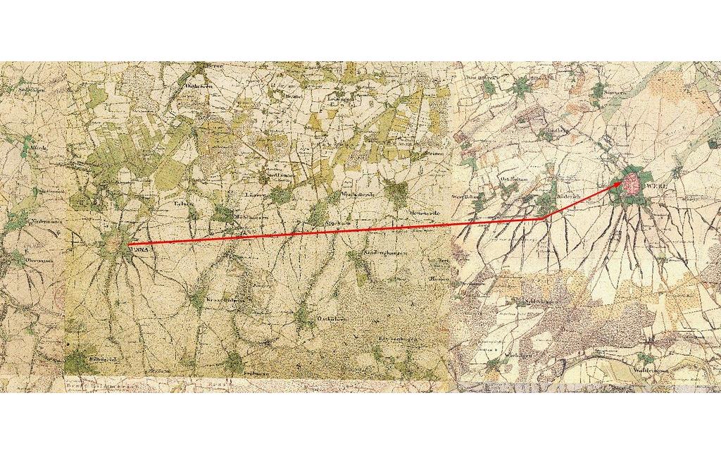 Die Chaussee von Unna nach Werl auf einem Ausschnitt der Preußischen Kartenaufnahme 1:25.000 1836-1850 - Uraufnahme
