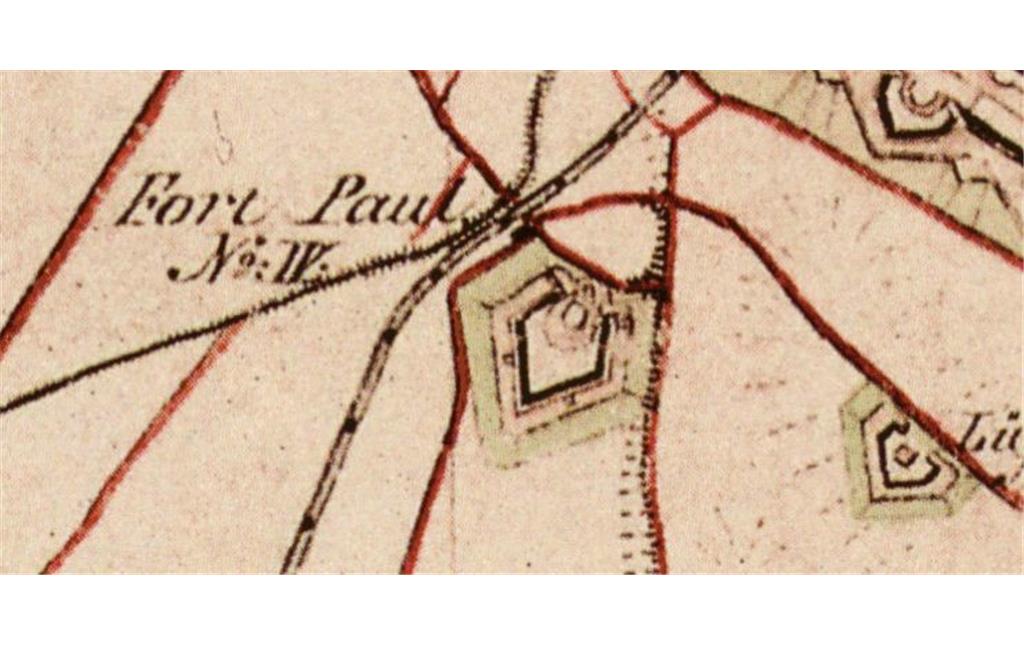 Fort IV des heutigen Inneren Kölner Grüngürtels auf einer historischen Karte (Preußische Uraufnahme von 1845)