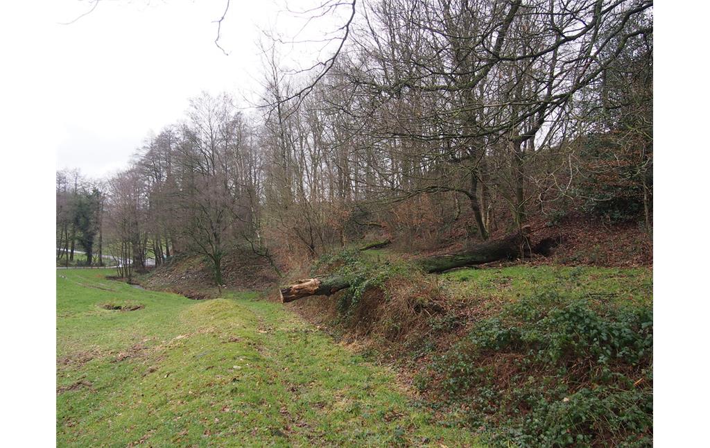 Steinbruch Vossbruch 2: Blick talwärts entlang der Laderampe. Der Baumstamm liegt auf der Rampe. (2018)