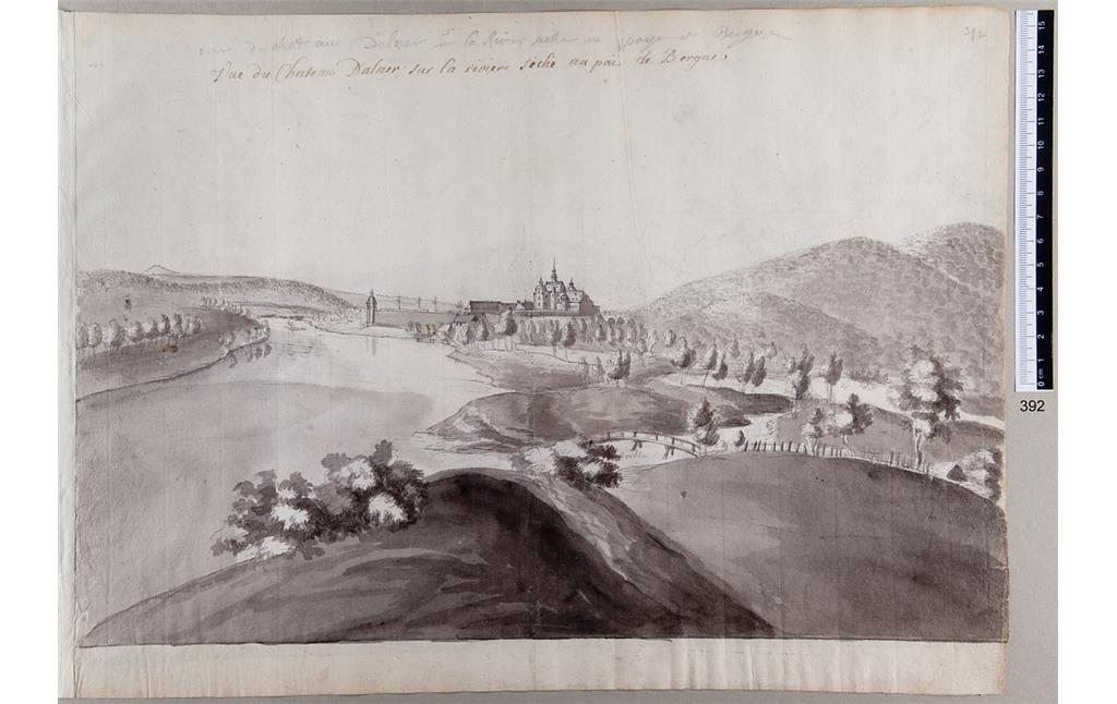 Hennef-Allner, Ortsansicht mit Schloss Allner, Zeichnung von Renier Roidkin
