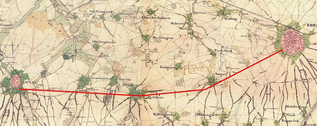 Die Chaussee von Werl nach Soest auf einem Ausschnitt der Preußischen Kartenaufnahme 1:25.000 1836-1850 - Uraufnahme
