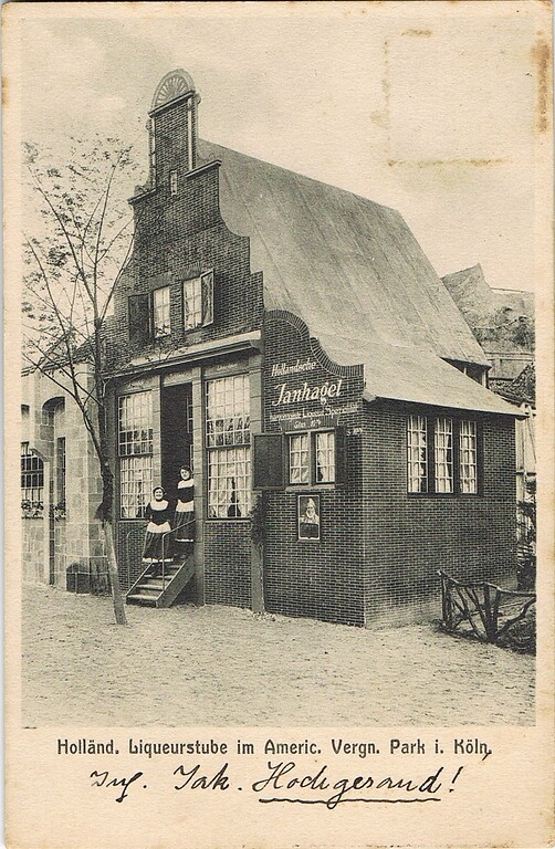 Mit "Holländ. Liquerstube im Americ. Vergn. Park i. Köln" bezeichnete historische Aufnahme (zwischen 1909 und 1913).