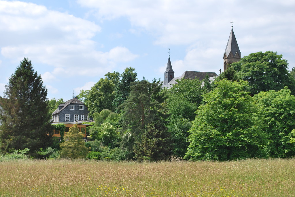 Kloster Saarn, wie es sich beim Blick aus der Ruhraue zeigt. Das Kloster liegt erhöht am Talhang und ist von altem Baumbestand umgeben (2015).