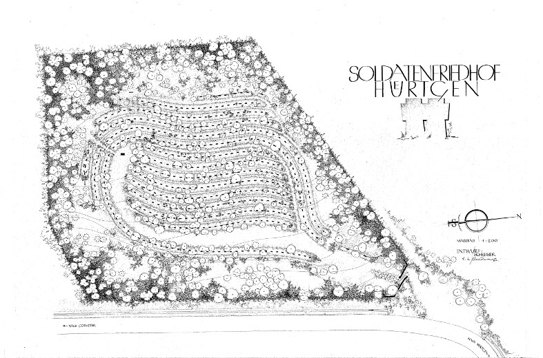 Bild 5: Bepflanzungsplan des "Soldatenfriedhof Hürtgen" von Carl Ludwig Schreiber aus dem Jahr 1950. Unten rechts ist der Eingang markiert (Originalgröße: 135 x 100 cm).