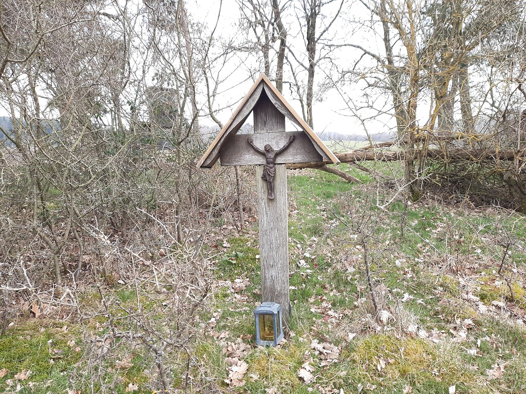 Ein einfaches Holzkreuz mit Dach und Christuskorpus aus Eisen steht am Rand einer Weidefläche (2022).