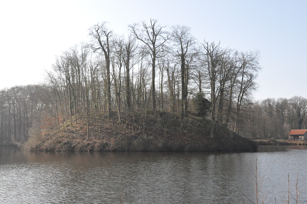 Die hochmittelalterliche Motte Tüschenbroich ist nahezu kreisrund und vollständig vom Schlossweiher umgeben (2021)