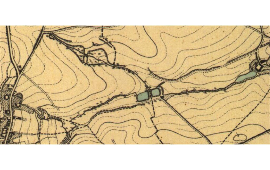 Abbildung 4: Mühlen und Teiche zwischen Glessen und Sinthern um 1900. Kartengrundlage: Ausschnitt aus der Topographischen Neuaufnahme 1 : 25 000 Blatt 5006 Frechen (2019)